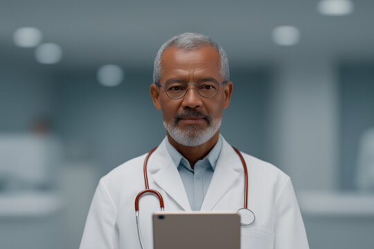 Doctor video calling colleague using computer while working in modern hospital telemedicine healthcare environment