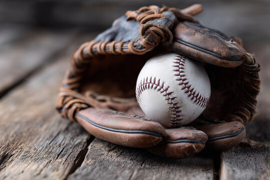 A baseball is sitting in a glove on a wooden table