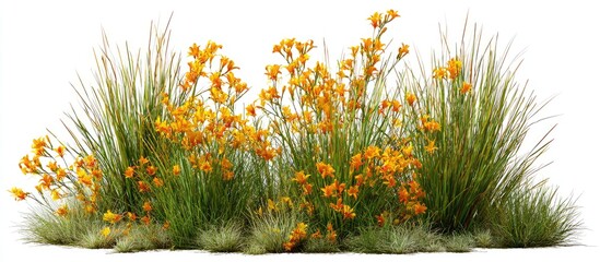 Lush cluster of vibrant orange-yellow flowers amidst grassy foliage