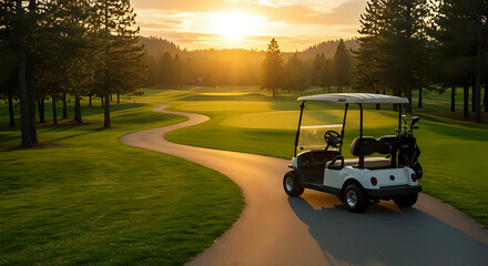 A golf cart on winding road through rich green course at sunset, scenic view of golf course with vehicle - luxury sport, leisure, relaxing summer holiday vacation concept 