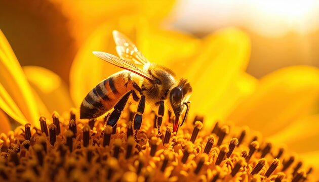 Honey bee diligently collecting nectar from a vibrant yellow sunflower blossom
