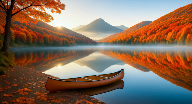 canoe on a misty lake surrounded by autumn mountains at sunrise