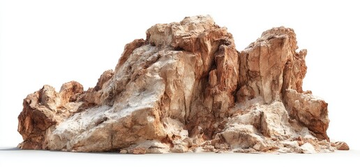 A large, textured rock formation, light beige and reddish-brown in color, sits against a white background.  The rock structure displays varied layers and crevices, appearing rugged and natural
