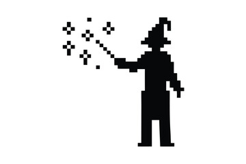 Pixelated wizard with pointed hat holds a radiant star in its hand against the white backdrop