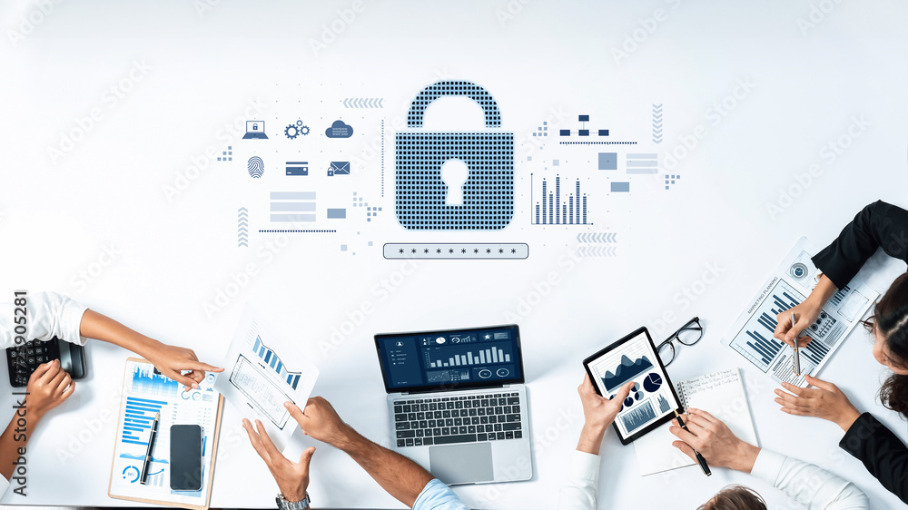 Poster diverse professionals engage in cybersecurity discussions using digital devices and charts, illustra