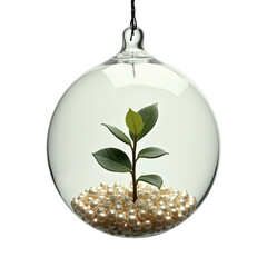 A delicate miniature plant in a glass sphere, nestled among numerous pearls, against a stark black backdrop, creates a serene and reflective image.