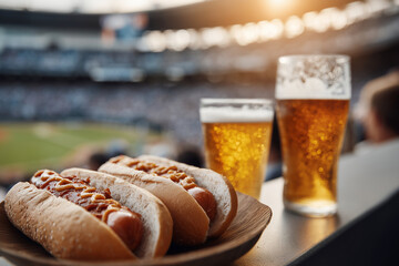 A plate of hot dogs and two glasses of beer are on a table in a stadium