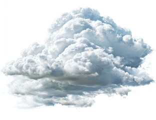 A large, fluffy cumulus cloud against a pure white background.  Detailed cloud formations with various shades of gray and white