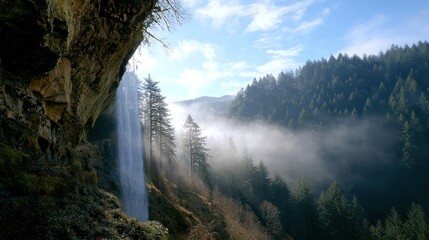 A tranquil waterfall cascades from a rocky overhang into a misty mountain valley, bathed in soft sunlight.
