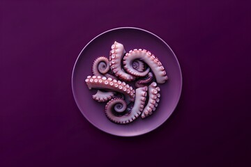 Octopus tentacles arranged on a purple plate against a matching purple background, seafood culinary concept