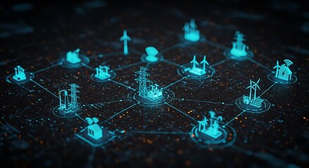 Digital Power Grid System with Renewable Energy and Technology Symbols