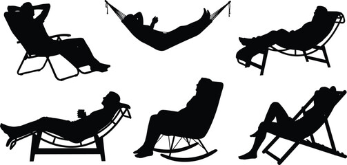 Relaxation silhouette collection, black vector clipart, lounge chair and hammock icons, leisure posture graphics, comfort design elements