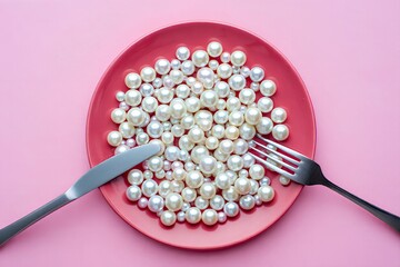 Scattered pearls on a pink ceramic plate with silver fork and knife, minimalist luxury concept on pink background