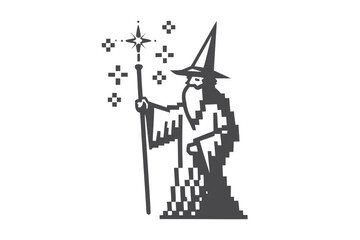 Pixelated wizard with star staff casts spell amid sparkling stars in black and white