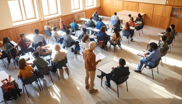 Teacher distributing papers in a college classroom with diverse students - Powered by Adobe