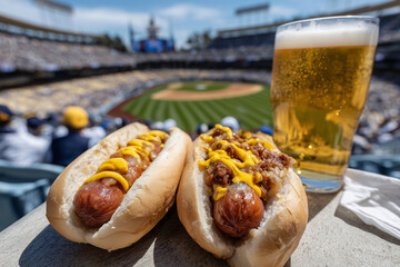 Two hot dogs with mustard and relish on a plate next to a glass of beer