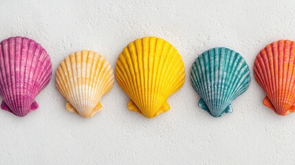 Colorful seashells arranged in a row on a light surface, showcasing vibrant hues of pink, yellow, and teal, creating an eye-catching coastal decor.