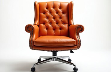 Fototapeta premium Orange leather executive chair with button tufting and chrome accents. This luxurious armchair offers superior comfort and a classic, elegant style for any office or home workspace.