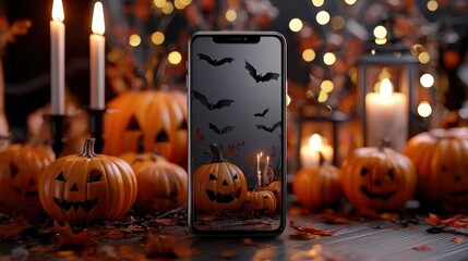 halloween themed smartphone display with pumpkins bats and festive holiday decorations