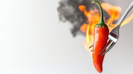A vibrant red chili pepper on a fork, engulfed in flames, symbolizing spice and intensity in culinary experiences.