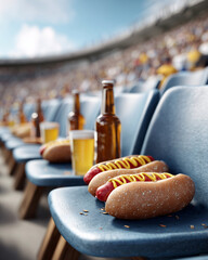 A row of hot dogs and beer bottles are on blue chairs in a stadium