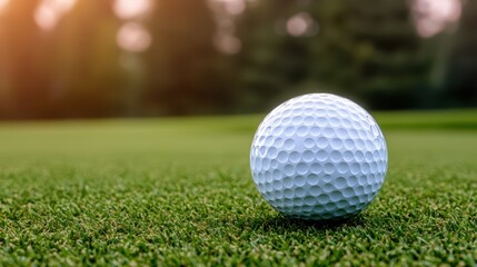 Naklejka premium A close-up of a golf ball on lush green grass, capturing the essence of a peaceful golf course setting during the golden hour.