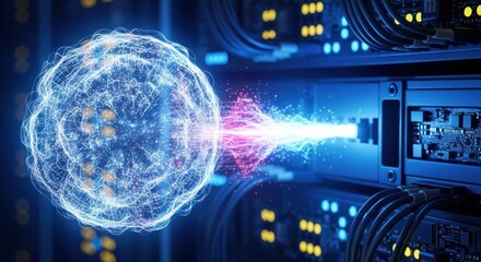 Conceptual visualization of data flow: Abstract data transfer from a neural network to server system