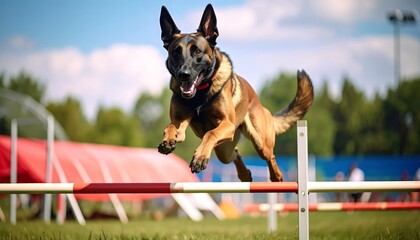 Dynamic Belgian Malinois soaring over agility jump with athletic prowess and determination