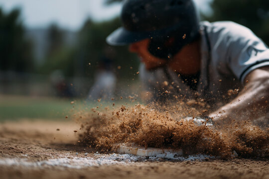 A baseball player sliding into a base