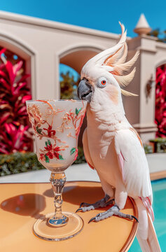 A cockatoo stands next to a decorative cocktail glass on a terrace with lush plants and bright sunlight. Exotic lifestyle concept with vibrant colors and modern aesthetics.
