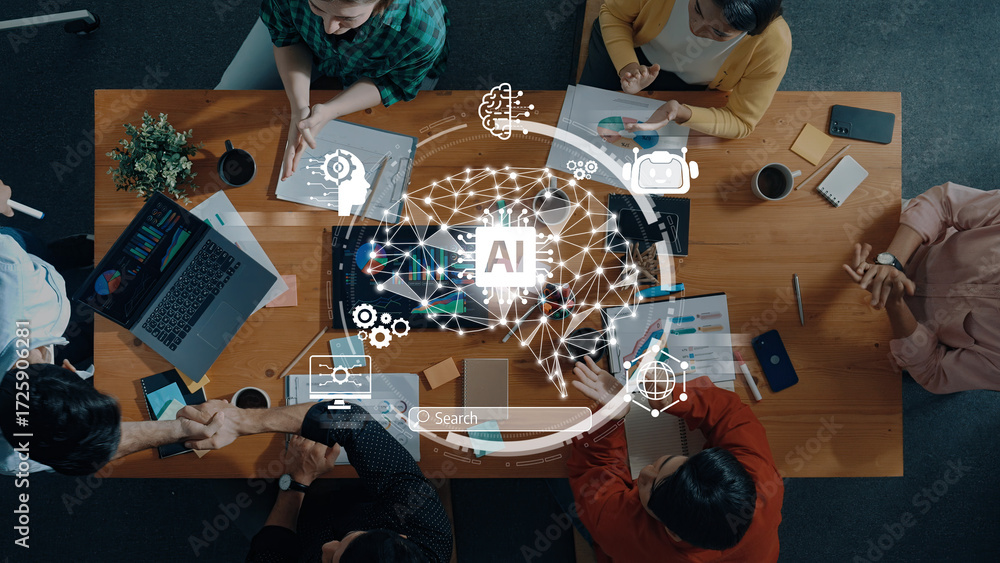 Poster a diverse team collaborates on artificial intelligence strategies, surrounded by digital tools and d
