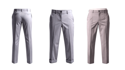 Curated collection of versatile men's dress trousers in various neutral tones, offering sophisticated style and professional appeal for diverse wardrobe needs, isolated on a clean background