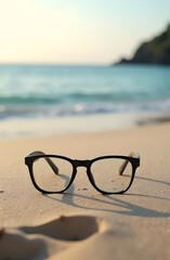 Fashionable plastic-rimmed glasses on the beach. Select a space for text. Promotion for eyeglass frames. Sale at the optics store.