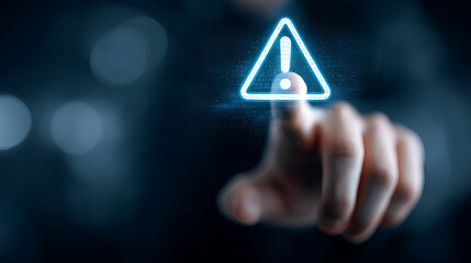 System warning alert on virtual interface with hand interaction. Concept of cybersecurity risk, data breach, malware, hacking, IT failure, and digital system vulnerability in modern technology.