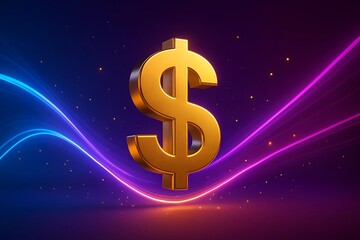 3D Golden Dollar Symbol with Neon Light Waves on Gradient Background &ndash; Finance Concept