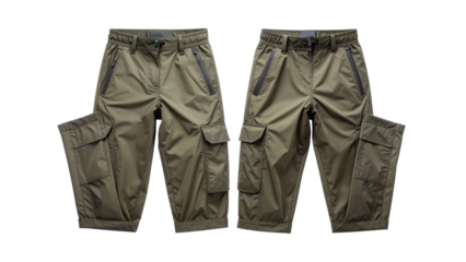 Two pairs of olive green cargo capri pants with multiple pockets and zippers, presented against a clean white background.