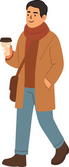 An illustrated man in a brown coat, red scarf, and blue jeans walks casually with a coffee cup in hand and a crossbody bag over his shoulder.