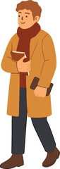 An illustrated man in a brown coat, red scarf, and dark pants walks confidently while holding a notebook and a smartphone.