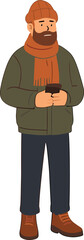 An illustrated man with a beard, orange beanie, and matching scarf stands holding a phone, dressed in a green jacket, dark pants, and brown boots.