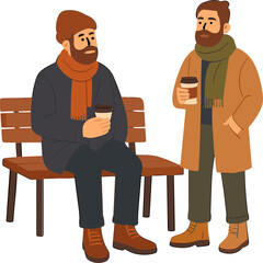 Two bearded men dressed in autumn outfits are enjoying coffee together, one sitting on a bench and the other standing, both wearing scarves, coats, and boots.