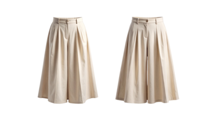 Two views of elegant, high-waisted, pleated, wide-leg beige trousers for women, isolated on a white background.