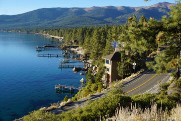 panoramic view of lake Tahoe, CA, USA and mountains in incline village