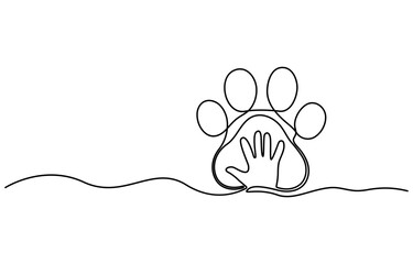 Obraz premium Continuous one line drawing of a animal paw pad, One line drawing of a dog paw print in minimalist vector outline style, isolated on white background.