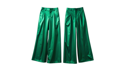 Two pairs of vibrant green, wide-leg pants are displayed against a clean white background, showcasing their shiny, satin-like texture and elegant design.