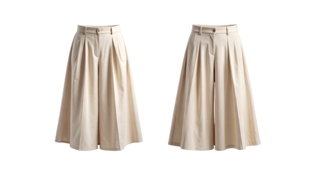 Two views of elegant, high-waisted, pleated, wide-leg beige trousers for women, isolated on a white background.