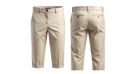 Versatile beige cropped trousers with rolled cuffs. Front and back view of classic casual slacks isolated on a white background for fashion design
