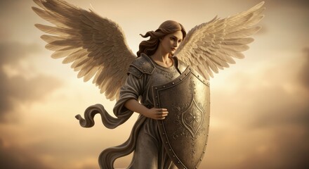 Guardian angel with shield protecting humanity in golden light artwork