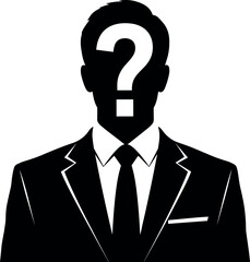 Mysterious anonymous businessman silhouette with question mark head symbolizing unknown identity, secrecy, mystery, and professional uncertainty concept vector