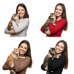 Smiling Woman Holding a Cat: Four Variations Isolated on Transparent Background