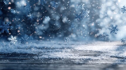 blue snowflakes falling onto a snowy surface creating a winter wonderland scene